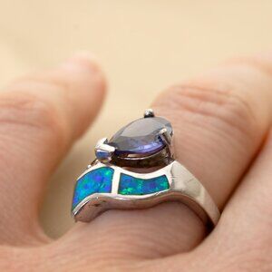 925 Silver Ring w CZ Sapphire and Lab Opal Accents, Elegant Vintage Silver Ring